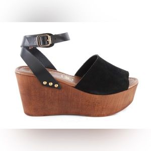 Seychelles Forward Platform Saddle Ankle Strap Wedges Black size 10